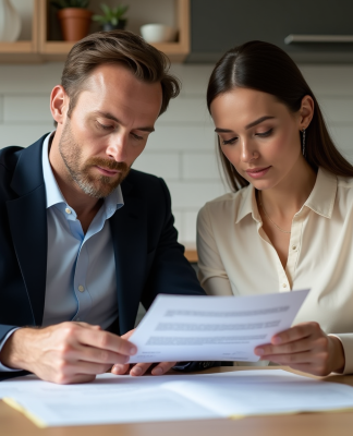 Couple en train de revoir des documents immobiliers à la maison