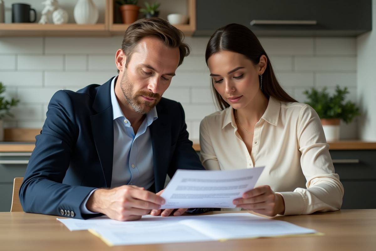 Couple en train de revoir des documents immobiliers à la maison
