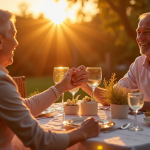 Couple mature souriant lors d un dîner romantique au coucher du soleil