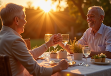 Couple mature souriant lors d un dîner romantique au coucher du soleil