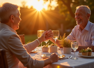 Couple mature souriant lors d un dîner romantique au coucher du soleil