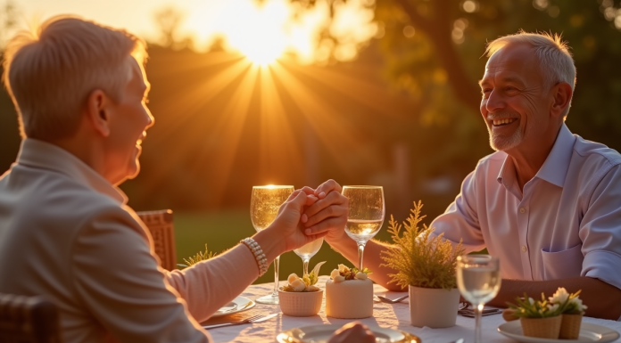 Couple mature souriant lors d un dîner romantique au coucher du soleil