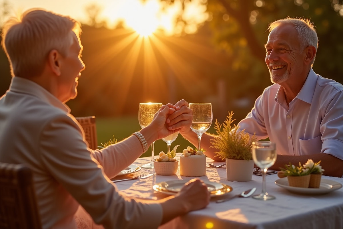 Couple mature souriant lors d un dîner romantique au coucher du soleil