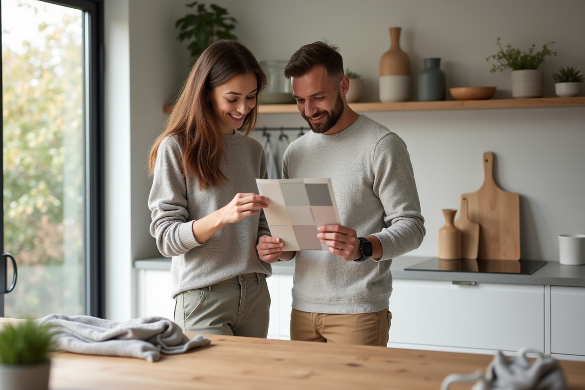 Couple regardant des échantillons de peinture dans une cuisine scandinave chaleureuse