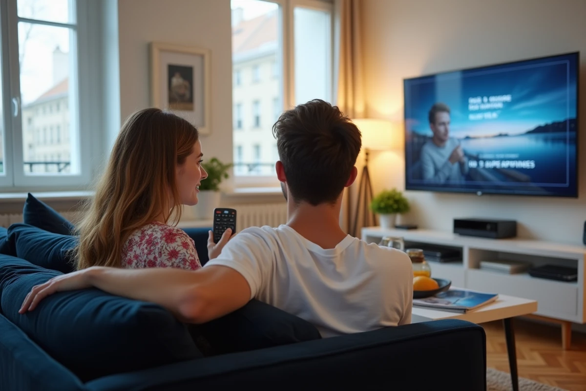 Couple choisissant une émission à regarder en replay sur leur télévision connectée