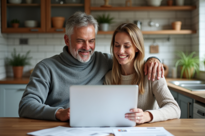 Couple souriant devant documents de mortgage à la maison
