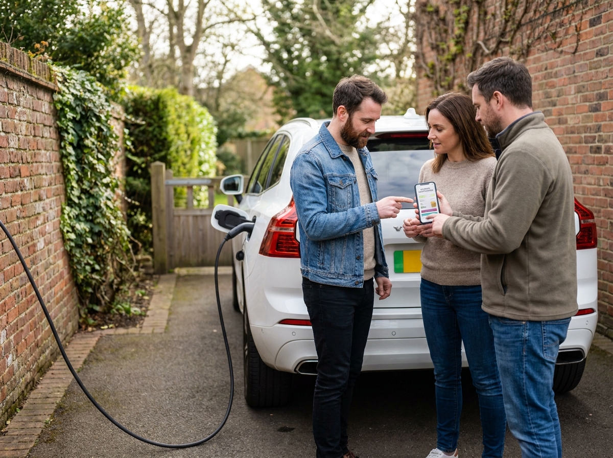 Couple branchant leur SUV hybride rechargeable à domicile tout en comparant des offres de LOA sur smartphone