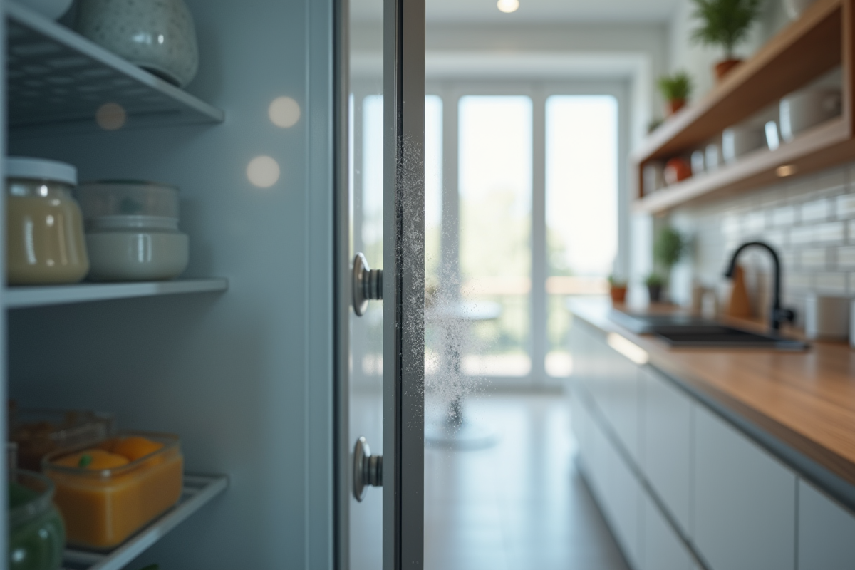 Cuisine moderne avec porte de congelateur entrouverte