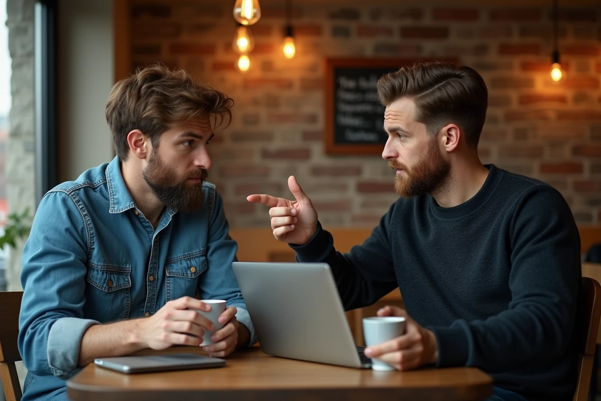Deux amis débattant de la durée de vie d'un jeu vidéo dans un café