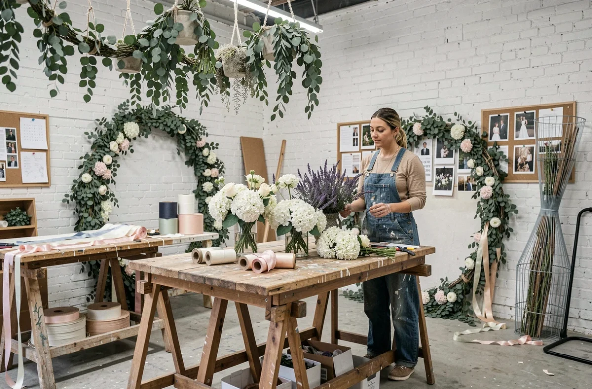 Décoratrice florale de Décoration de Rêve à Villejuif dans son atelier entouré de guirlandes d'eucalyptus et de compositions pour événements