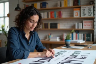 Designer graphique comparant des spécimens de polices serif et sans-serif sur une grande table de travail en bois dans un studio créatif moderne