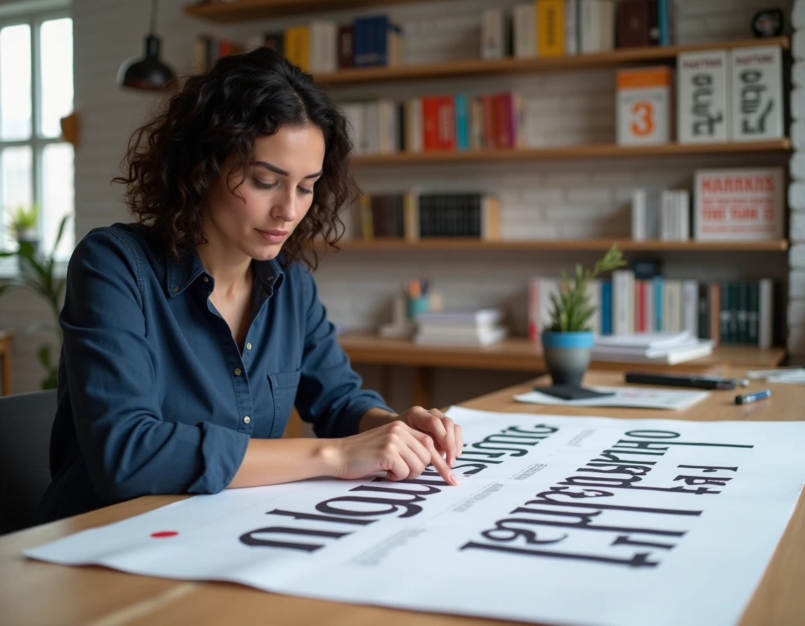 Designer graphique comparant des spécimens de polices serif et sans-serif sur une grande table de travail en bois dans un studio créatif moderne