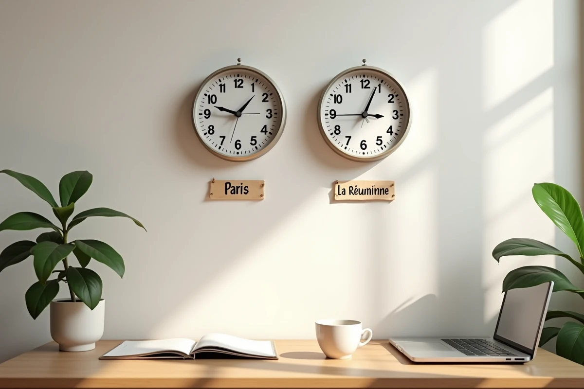 Deux horloges murales analogiques côte à côte indiquant l'heure de Paris et l'heure de La Réunion dans un bureau à domicile