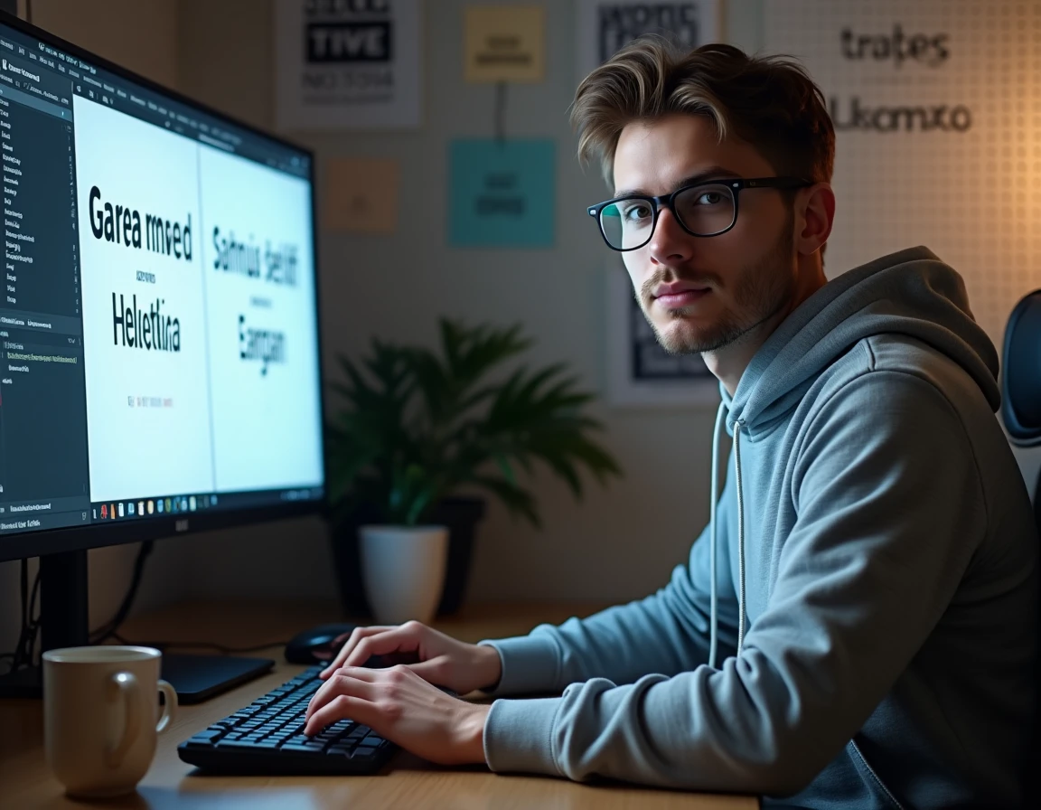 Développeur web analysant une comparaison de polices serif et sans-serif sur un grand écran dans un bureau moderne avec des affiches typographiques au mur