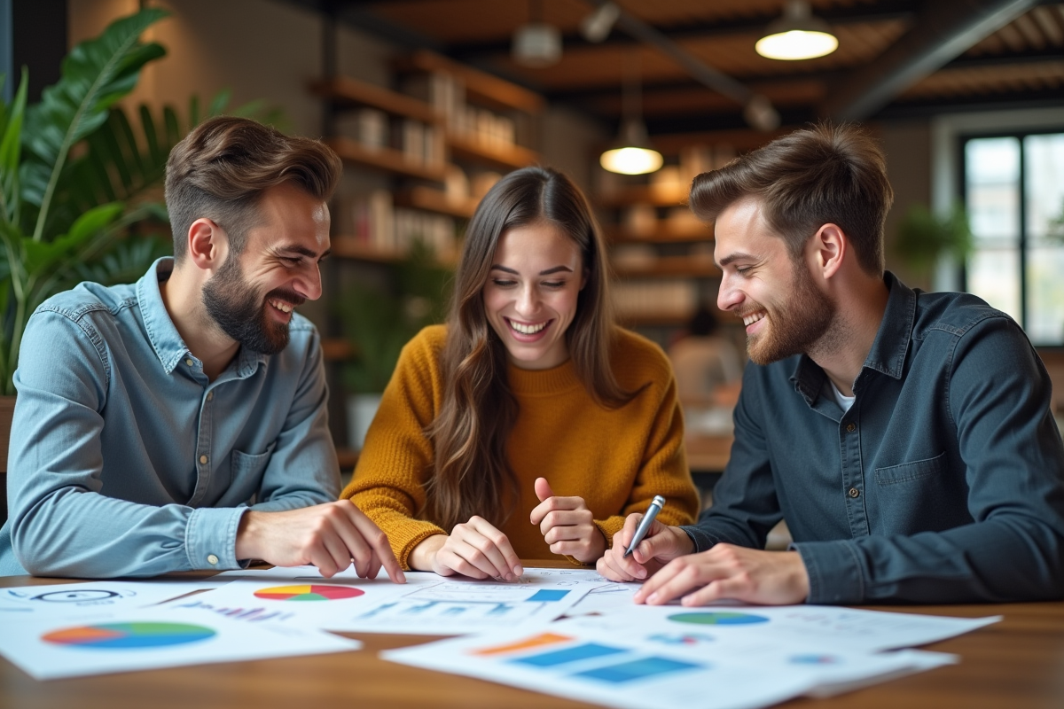 Jeunes professionnels discutant autour de graphiques financiers