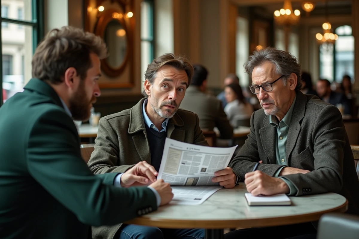 Groupe de personnes discutant d'un article de presse dans un café parisien, illustrant le débat autour de rumeurs et d'origines