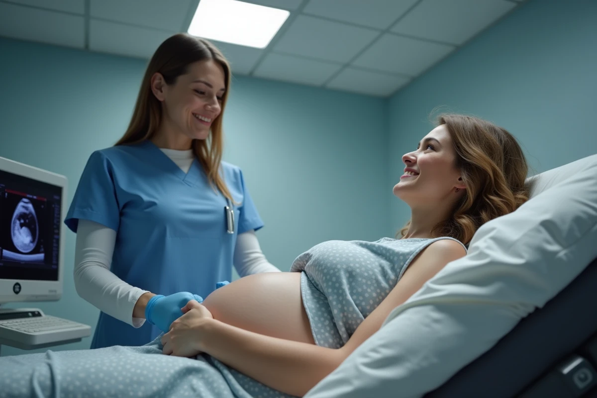 Femme enceinte lors d'une échographie pour déterminer le terme et les semaines de grossesse