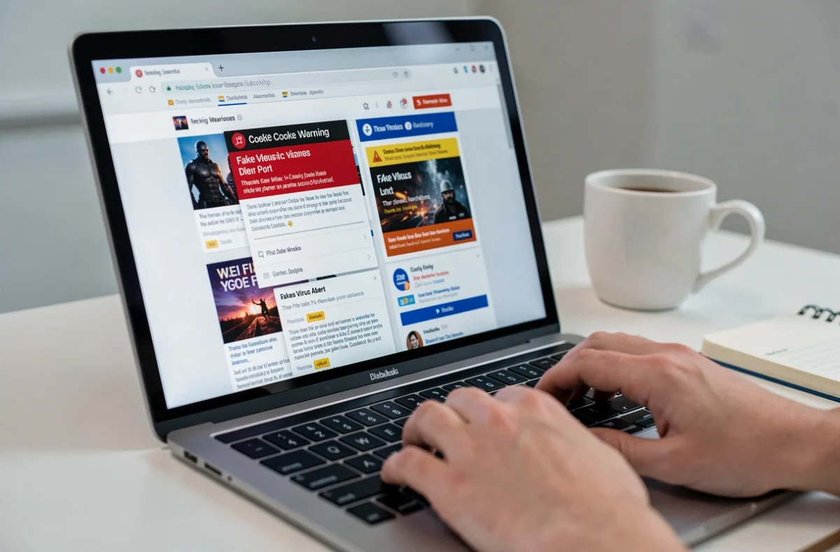 Gros plan sur un écran de navigateur envahi par des pop-ups publicitaires et des alertes intrusives