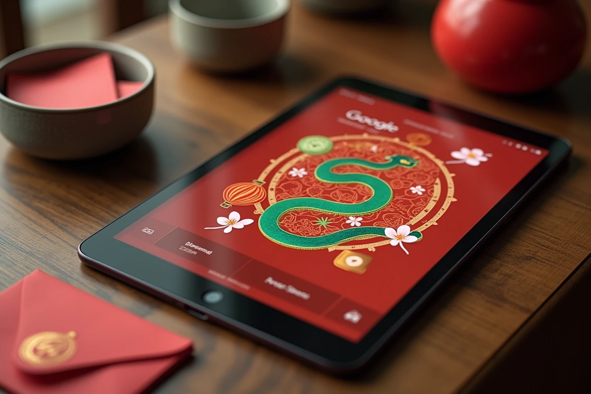 Gros plan d'un écran de tablette affichant le jeu Google Doodle de l'Année du Serpent avec des motifs décoratifs chinois traditionnels