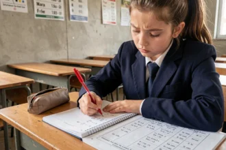 Élève de collège faisant des exercices de conversion grammes kilogrammes dans un cahier sur un bureau scolaire en bois