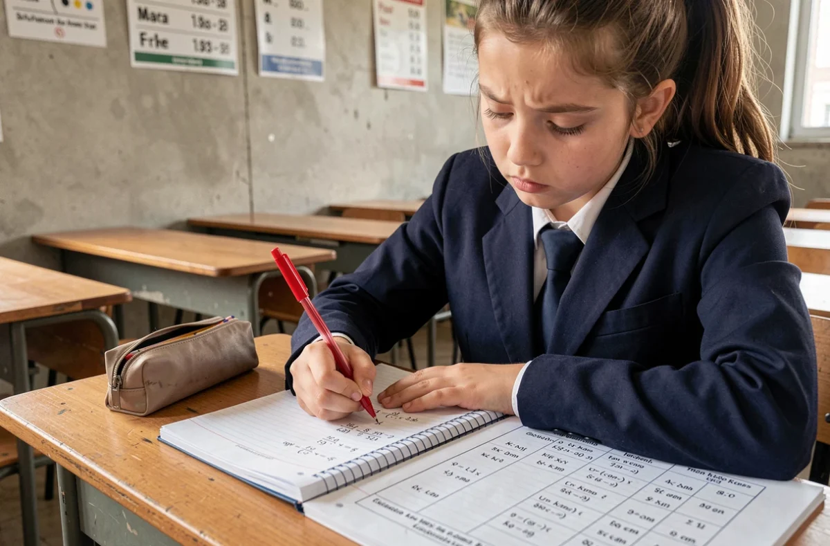 Élève de collège faisant des exercices de conversion grammes kilogrammes dans un cahier sur un bureau scolaire en bois