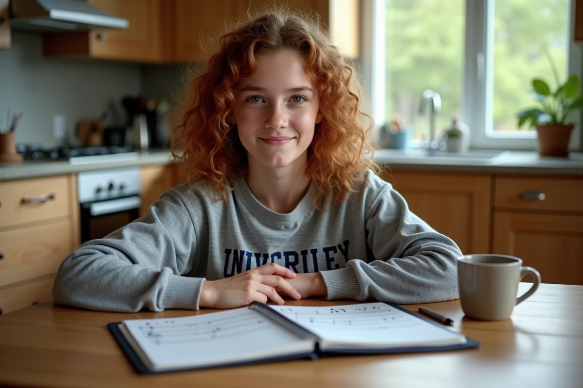 Adolescente étudiant des partitions de guitare gratuites sur tablette avec des annotations manuscrites, installée à la table de la cuisine