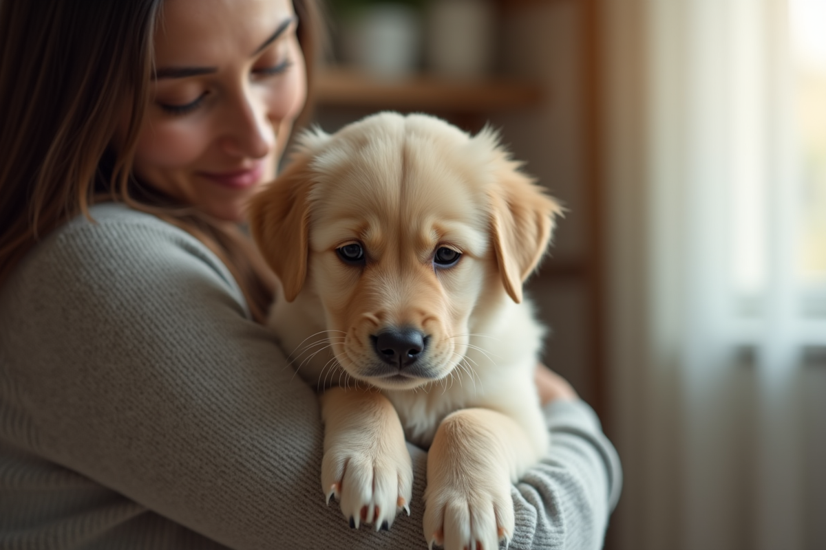 Eleveur de chiens tenant un chiot labrador dans un cadre intérieur