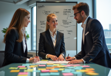 Slogans d’entreprise : découvrir les meilleurs accroches créatives Trois professionnels en réunion dans un bureau moderne