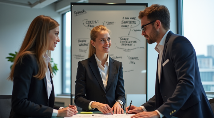 Trois professionnels en réunion dans un bureau moderne