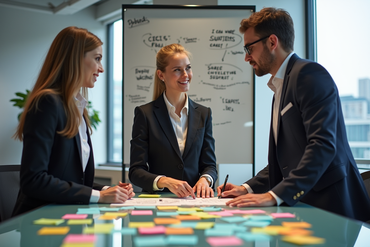 Trois professionnels en réunion dans un bureau moderne