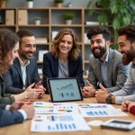 Groupe d'adultes en réunion marketing en entreprise