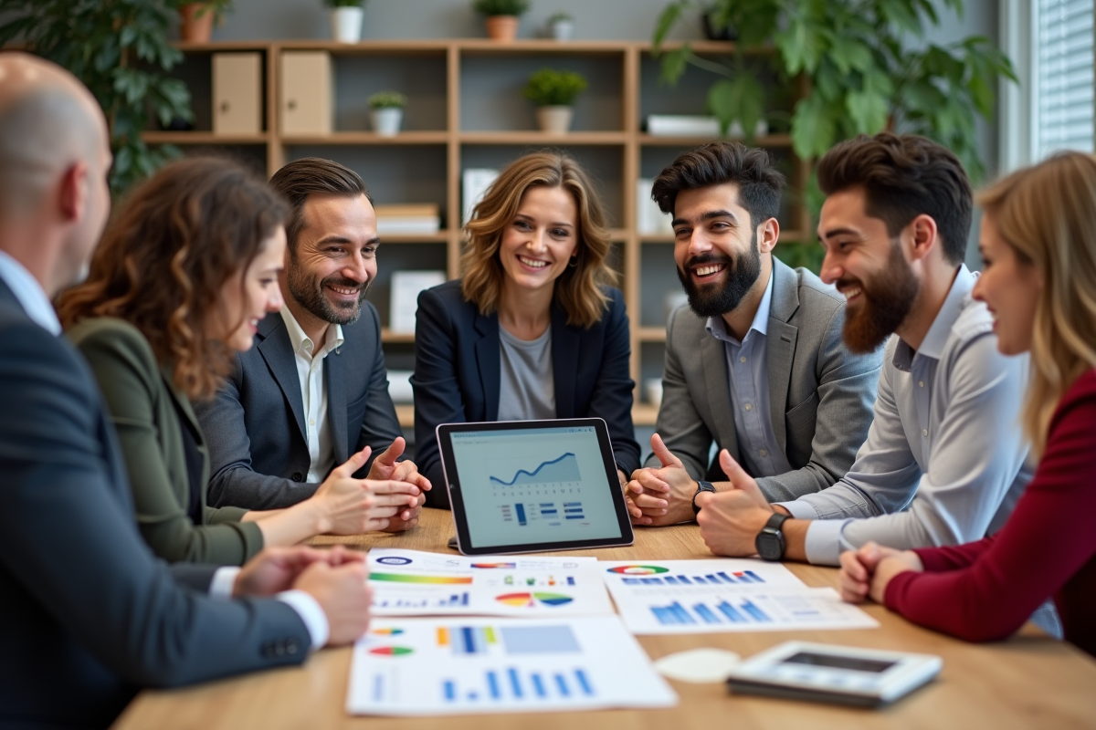 Groupe d'adultes en réunion marketing en entreprise