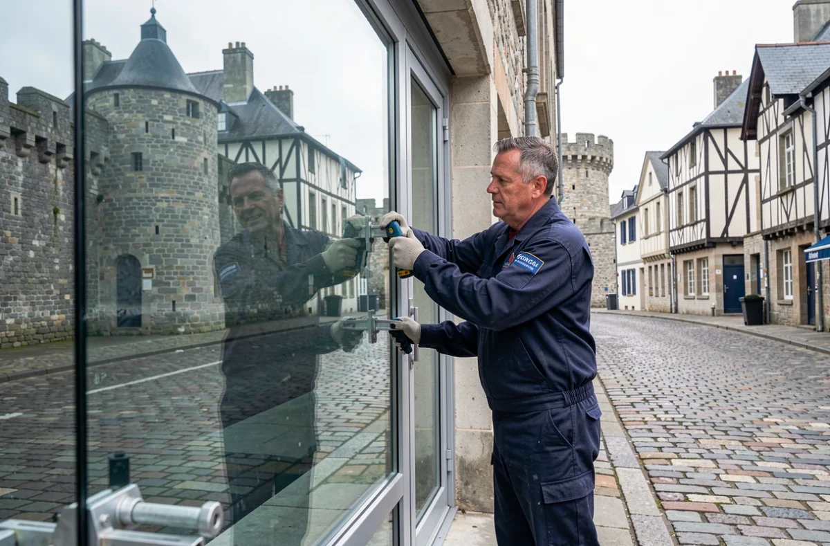 Vitrier d'Espace Services Maintenance installant une baie vitrée dans une rue historique de Saint-Malo