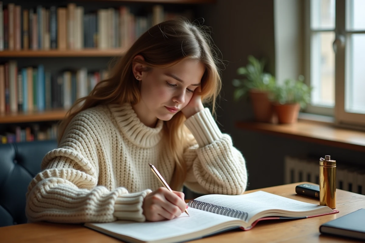 Étudiante révisant des exercices de langue anglaise avec un briquet vintage posé sur son bureau