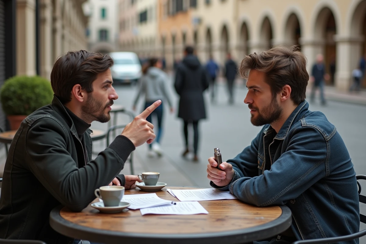 Deux étudiants pratiquant des dialogues en anglais avec un briquet posé sur la table de café
