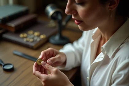 Bijoutière examinant un poinçon étranger sur un bijou ancien en or à la loupe