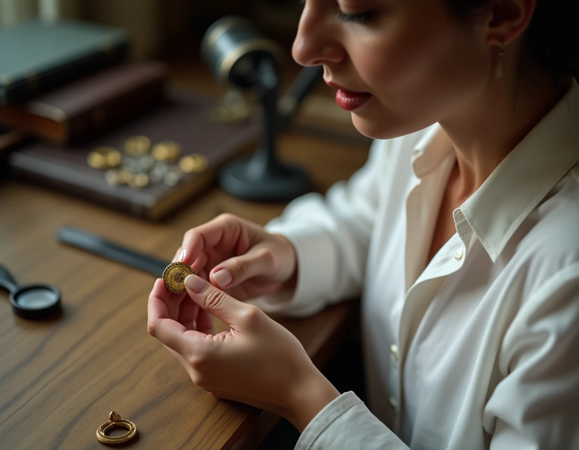 Bijoutière examinant un poinçon étranger sur un bijou ancien en or à la loupe