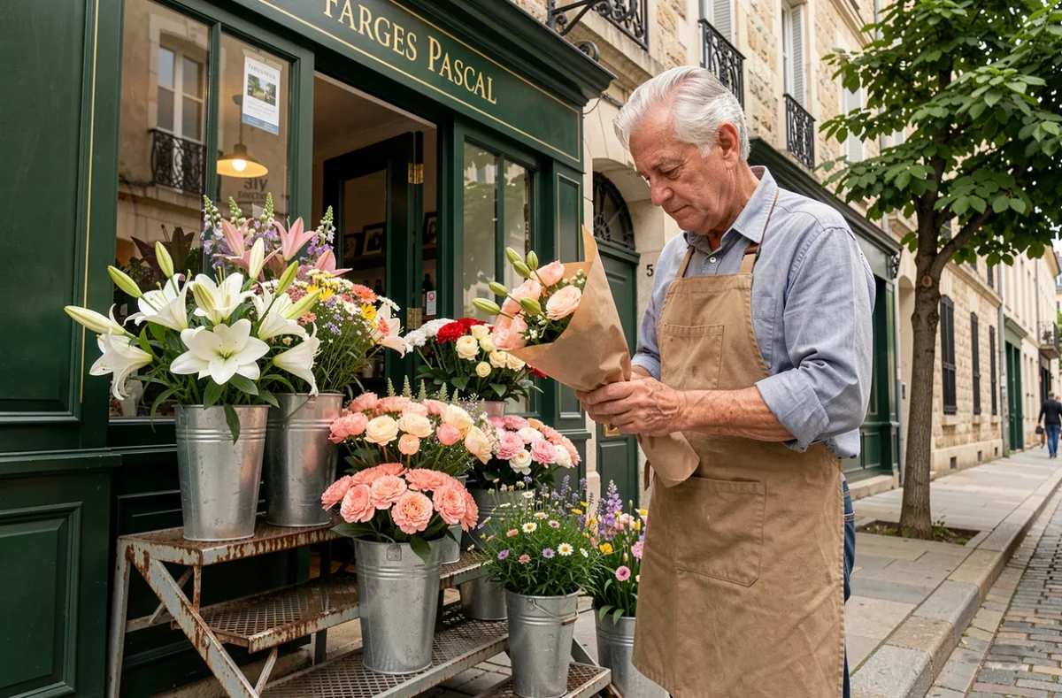 Fleuriste de Farges Pascal à Vincennes enveloppant soigneusement un bouquet de lys et d'oeillets dans du papier kraft devant sa boutique traditionnelle