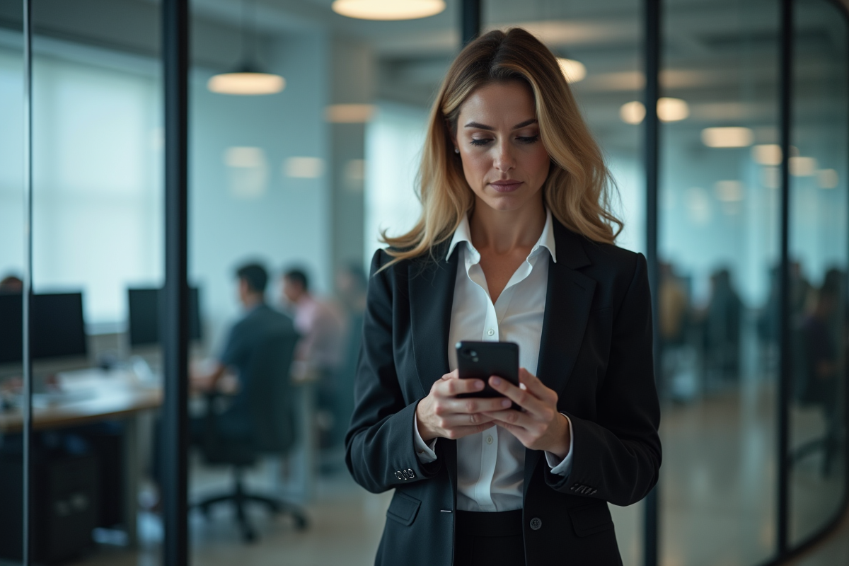 Femme d affaires examine un email suspect dans un bureau moderne