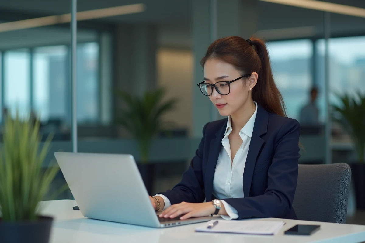 Femme d'affaires en bureau moderne consulte notifications digitales