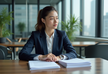 Jeune femme d'affaires examine des documents de prêt immobilier