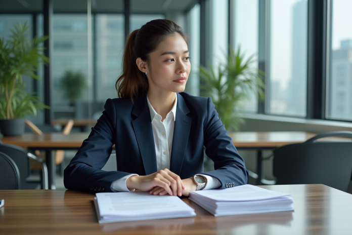 Jeune femme d'affaires examine des documents de prêt immobilier