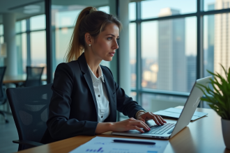 Femme d affaires analysant des graphiques financiers modernes