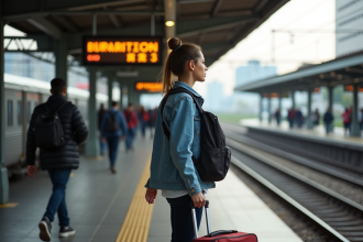 Jeune femme en gare regardant le tableau de départ