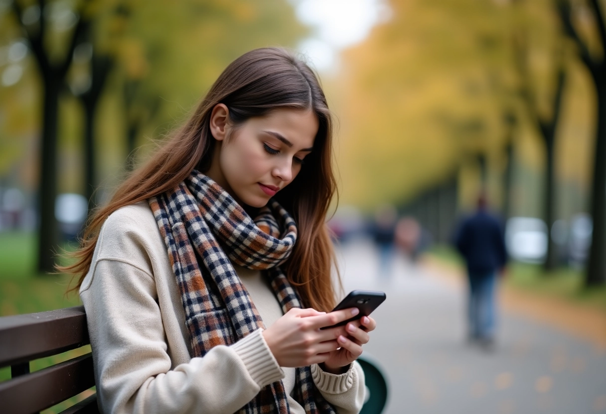 Jeune femme utilisant une application de mots dans un parc