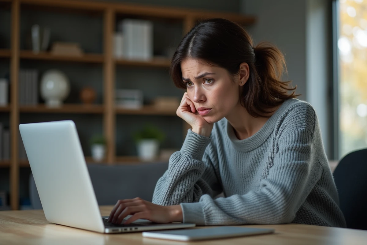 Femme inquiète regardant un avertissement de site frauduleux sur son ordinateur portable à son bureau