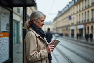 Femme consultant l'horaire TCL à un arrêt de bus moderne à Lyon