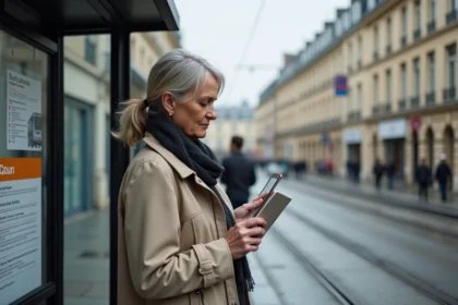 Femme consultant l'horaire TCL à un arrêt de bus moderne à Lyon