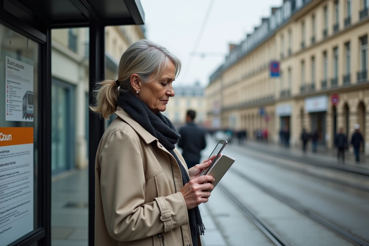 Femme consultant l'horaire TCL à un arrêt de bus moderne à Lyon