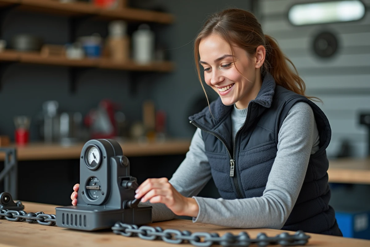 Femme assemblant un dynamomètre dans un atelier intérieur